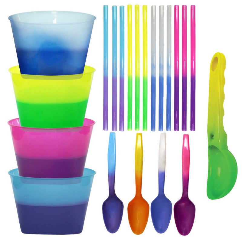 AAkron Color Changing Reusable Ice Cream Kit - 4 bowls, 4 spoons, 12 straws, 1 scoop - react to ice cold temperatures and changes from one vivid color to another â€“ MADE IN USA - Image 1